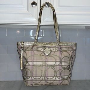 Coach RARE Pastel & Metallic Plaid Signature Logo Tote